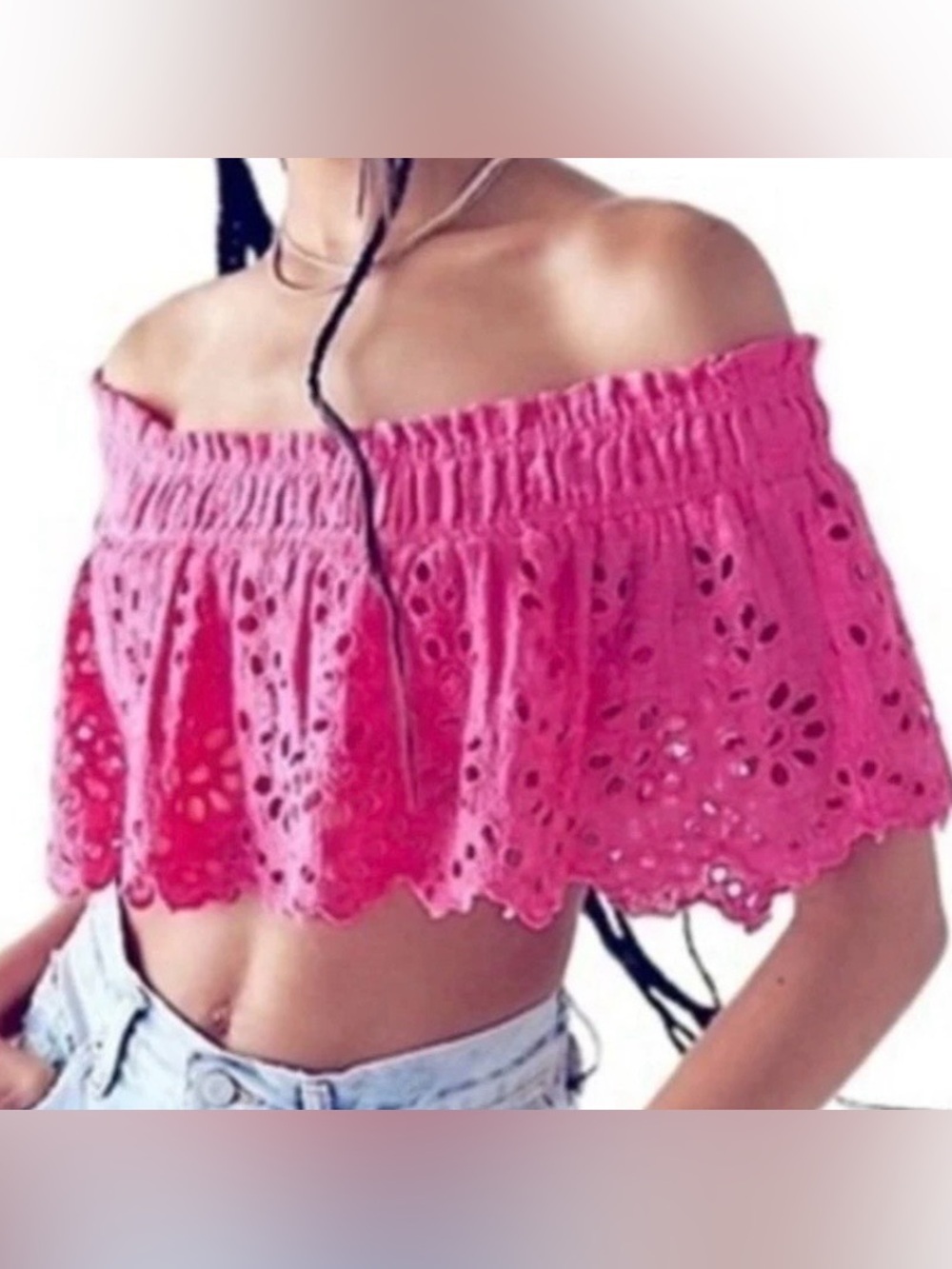 Free People FP One Perla Top Pink Eyelet Off The Shoulder Crop Blouse XS